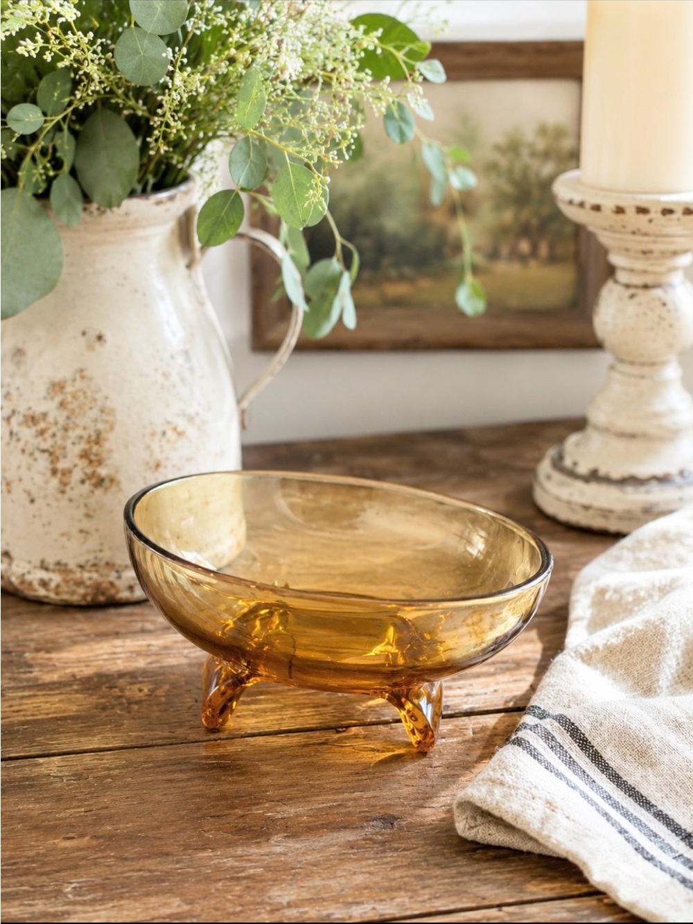 Vintage Golden Glass Footed Trinket Dish |Candy Bowl. Amber Brown | Oval | Decor
